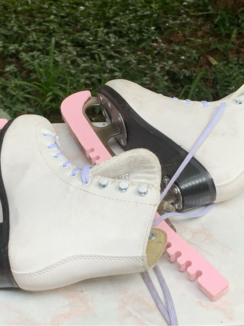 American Athletic White Figure Ice Skates with Pink Blade Guards- Junior size 3